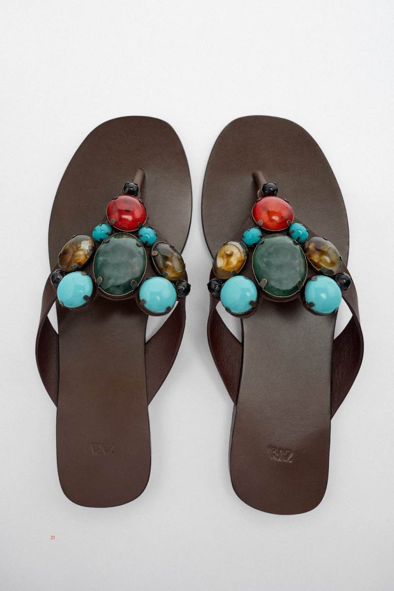 ZARA FLAT LEATHER SLIDER WITH STONE BEADS Sandaler Dam Bruna | HXSCN-6405