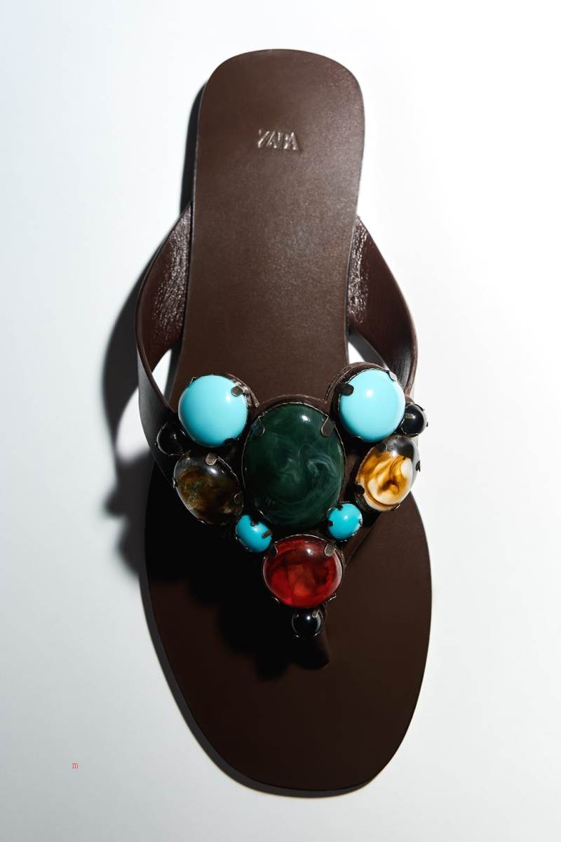 ZARA FLAT LEATHER SLIDER WITH STONE BEADS Sandaler Dam Bruna | HXSCN-6405