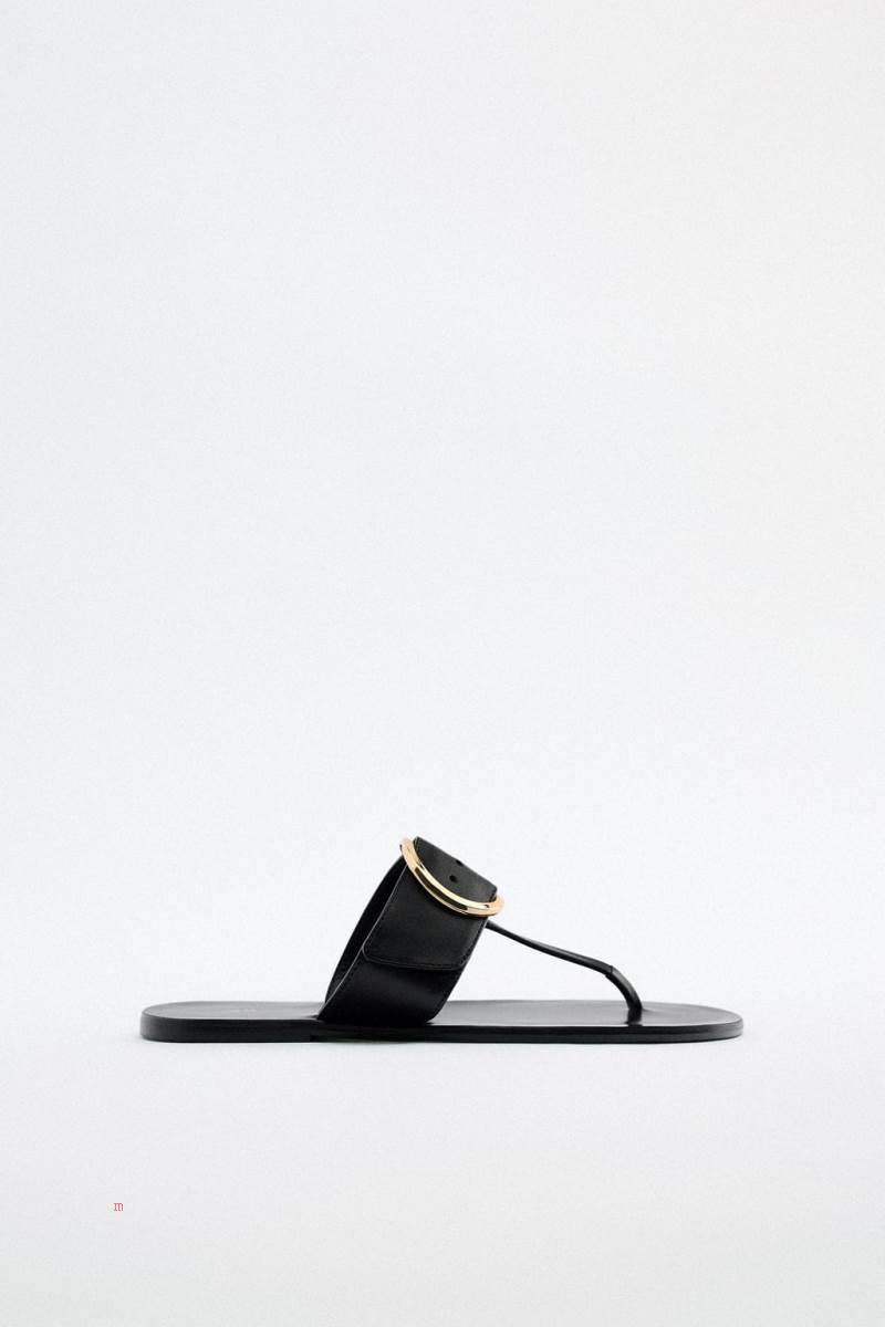 ZARA FLAT LEATHER WITH BUCKLE DETAIL Sandaler Dam Svarta | WMRQG-3685