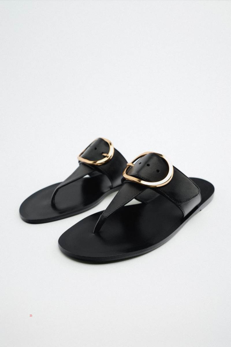 ZARA FLAT LEATHER WITH BUCKLE DETAIL Sandaler Dam Svarta | WMRQG-3685