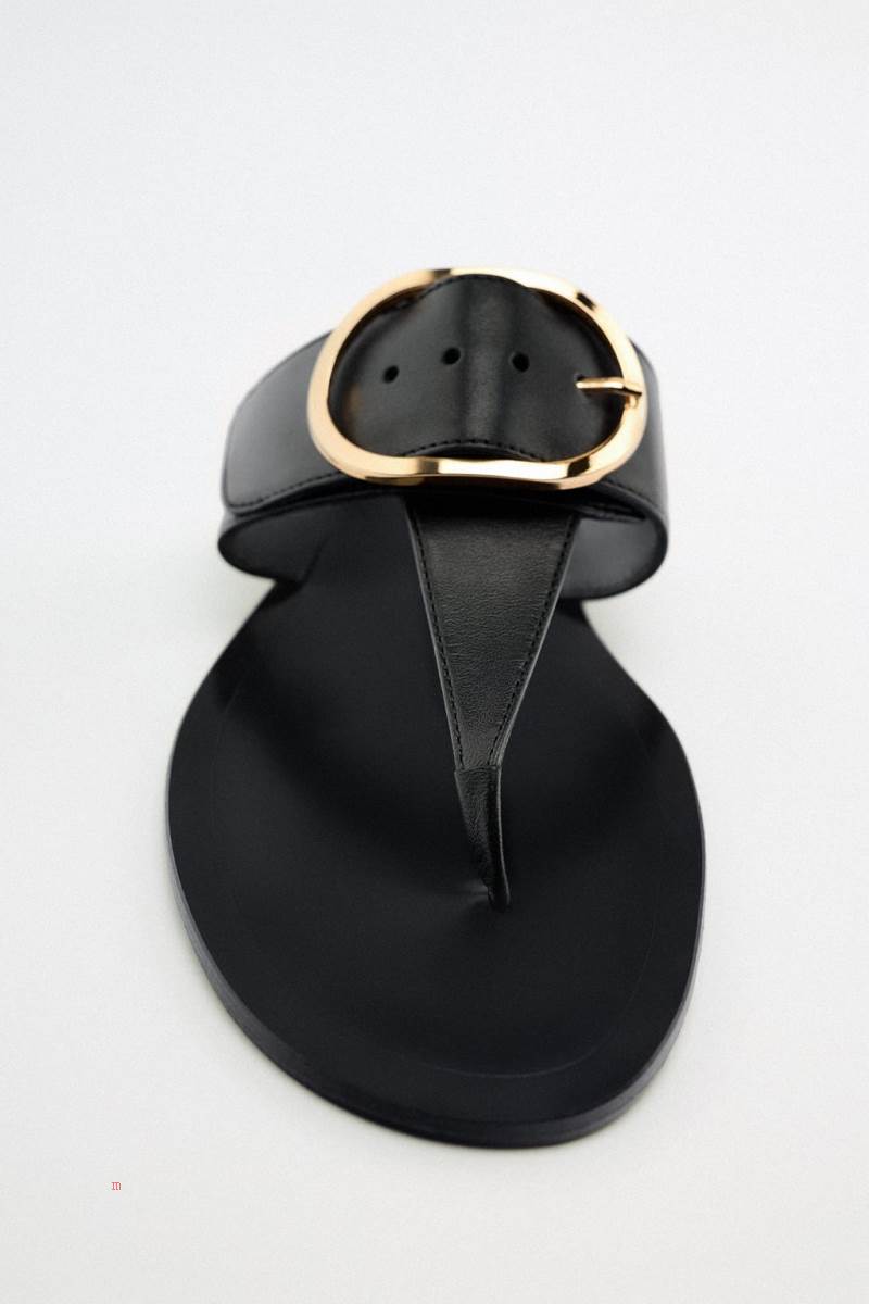 ZARA FLAT LEATHER WITH BUCKLE DETAIL Sandaler Dam Svarta | WMRQG-3685
