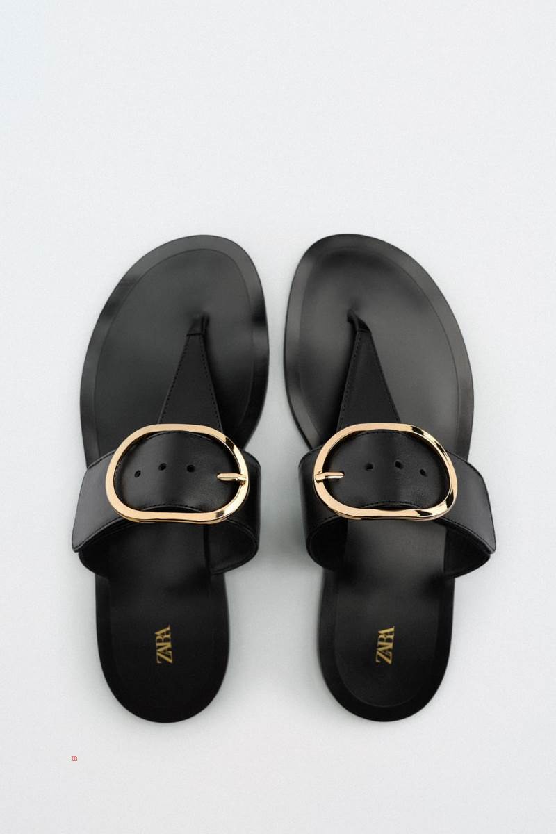 ZARA FLAT LEATHER WITH BUCKLE DETAIL Sandaler Dam Svarta | WMRQG-3685