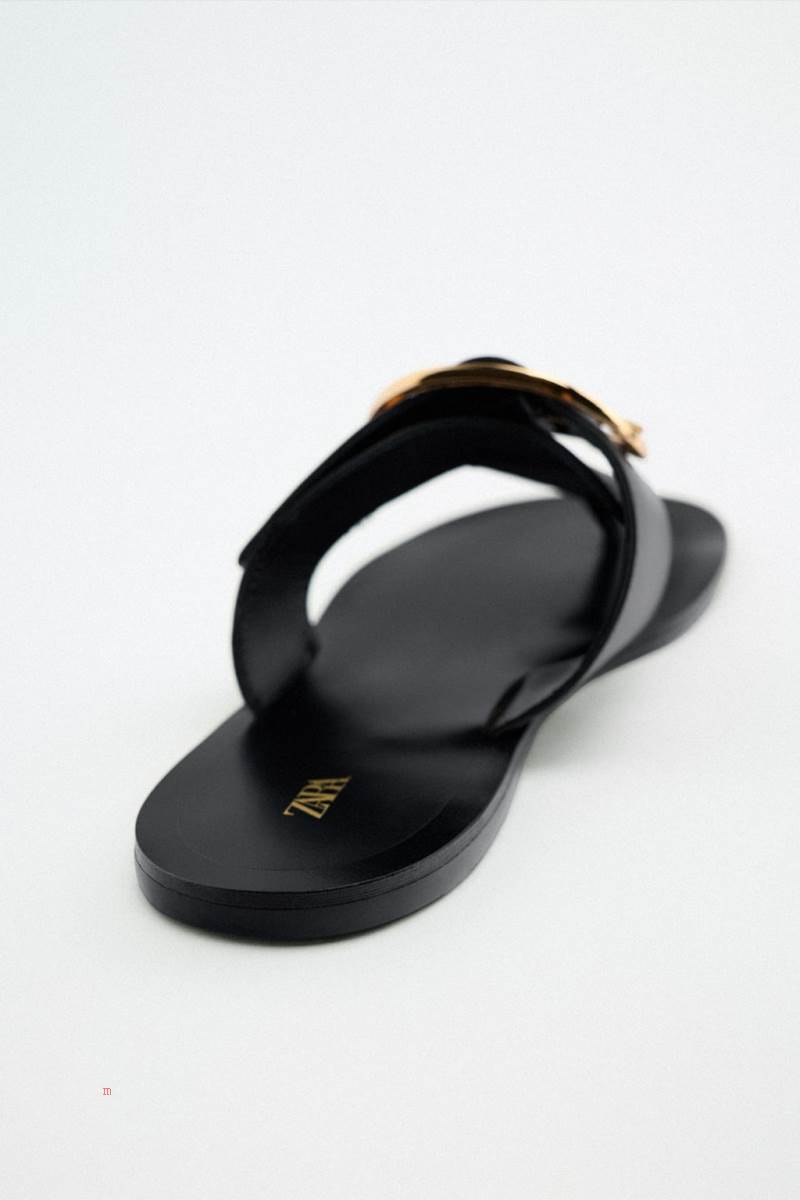 ZARA FLAT LEATHER WITH BUCKLE DETAIL Sandaler Dam Svarta | WMRQG-3685