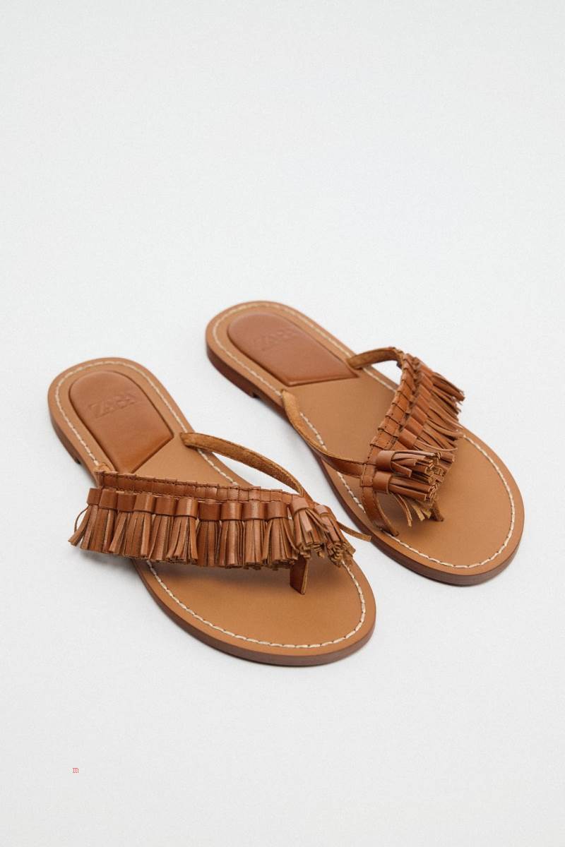 ZARA FLAT LEATHER WITH TASSELS Sandaler Dam Bruna | LTFKQ-6238