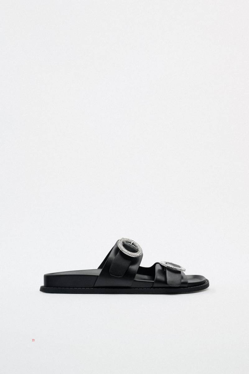 ZARA FLAT SLIDER WITH RHINESTONE BUCKLES Sandaler Dam Svarta | LQJFU-9642
