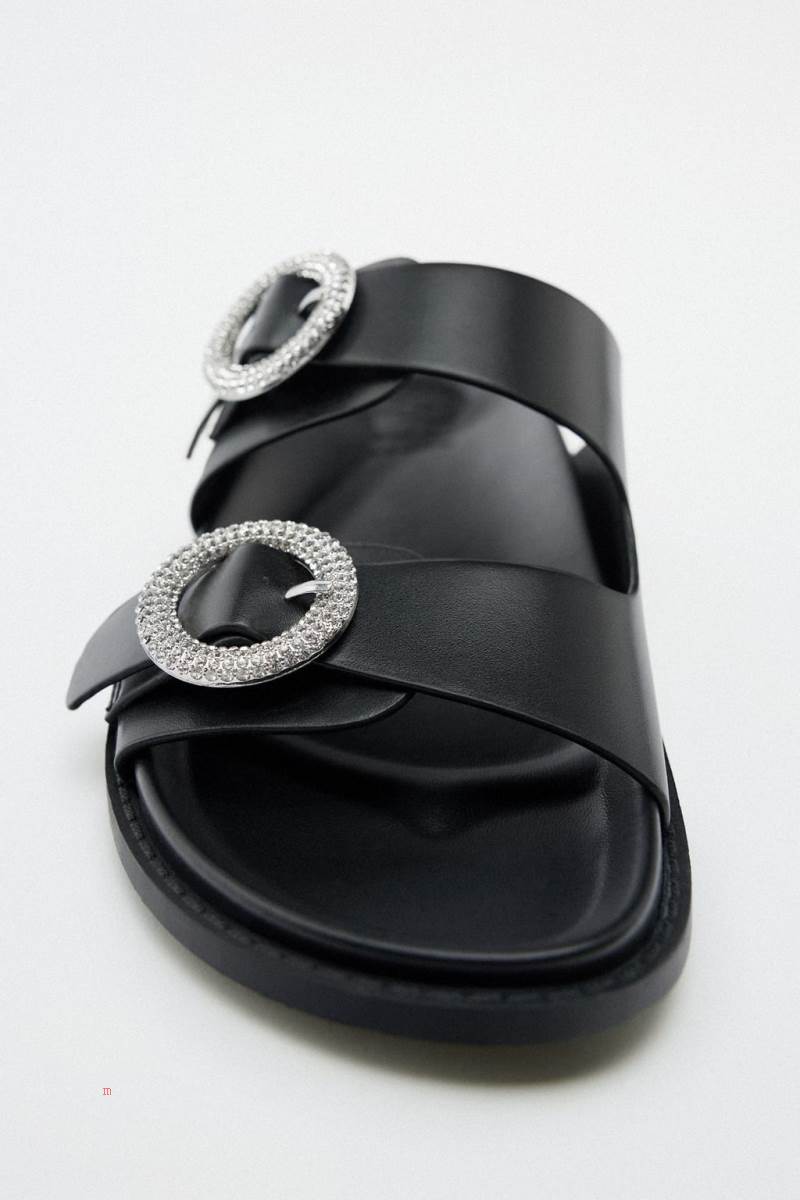 ZARA FLAT SLIDER WITH RHINESTONE BUCKLES Sandaler Dam Svarta | LQJFU-9642