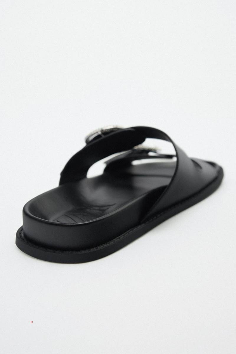 ZARA FLAT SLIDER WITH RHINESTONE BUCKLES Sandaler Dam Svarta | LQJFU-9642