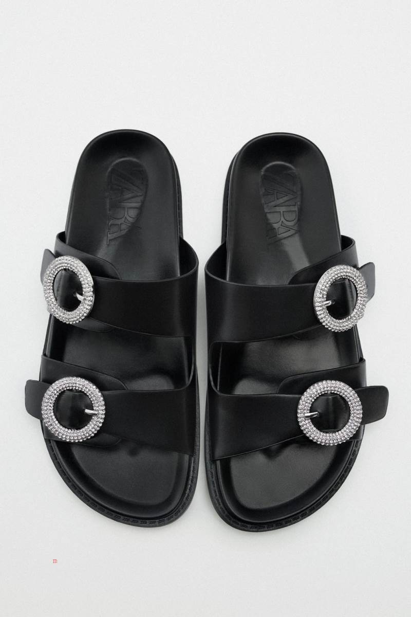 ZARA FLAT SLIDER WITH RHINESTONE BUCKLES Sandaler Dam Svarta | LQJFU-9642