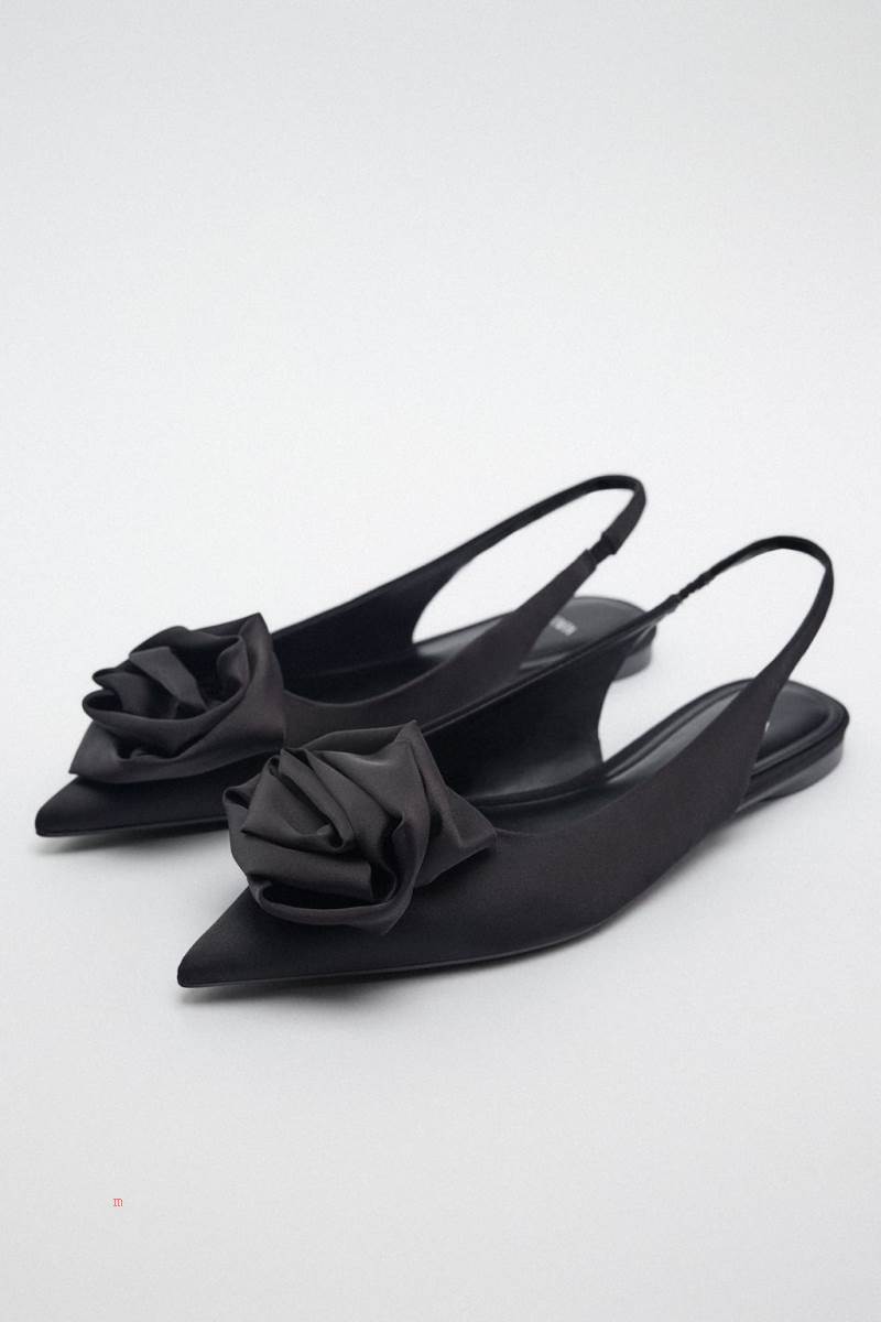 ZARA FLAT SLINGBACK WITH FLOWER Platta Skor Dam Svarta | VTAKR-6947