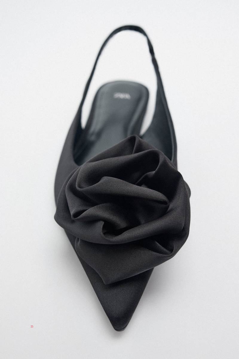 ZARA FLAT SLINGBACK WITH FLOWER Platta Skor Dam Svarta | VTAKR-6947