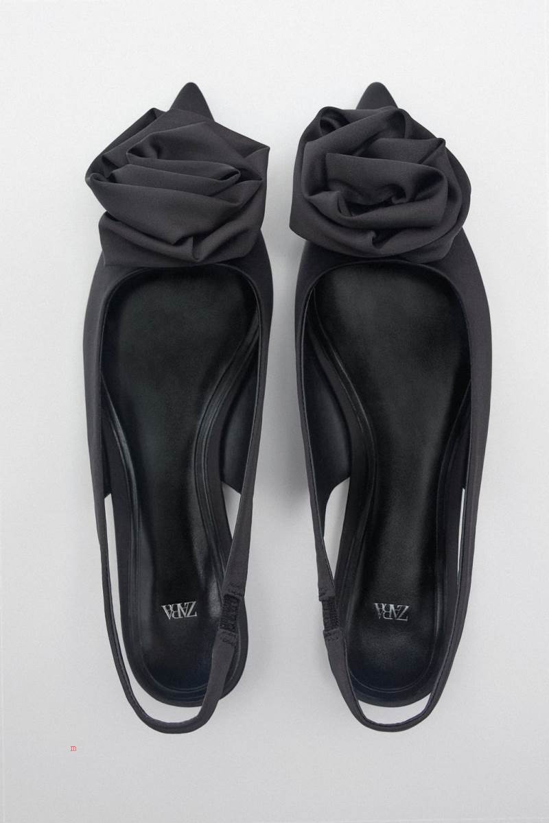 ZARA FLAT SLINGBACK WITH FLOWER Platta Skor Dam Svarta | VTAKR-6947