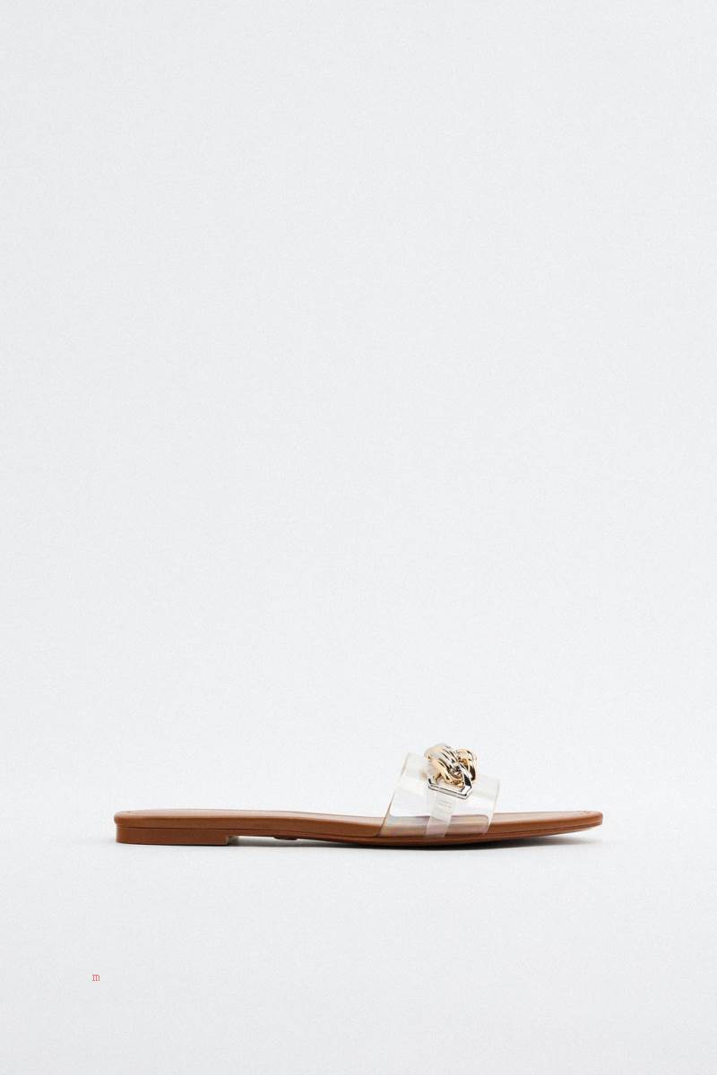 ZARA FLAT VINYL SLIDER WITH CHAIN Sandaler Dam Beige | NKGIE-8049