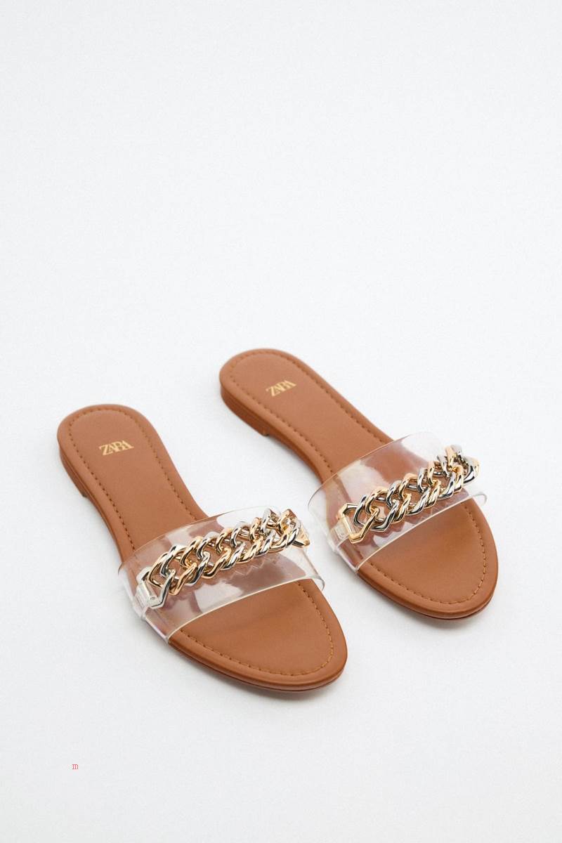 ZARA FLAT VINYL SLIDER WITH CHAIN Sandaler Dam Beige | NKGIE-8049