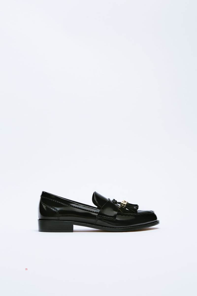 ZARA FLAT WITH TASSELS Loafers Dam Svarta | QJCDS-0162