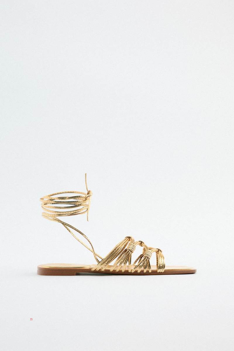 ZARA FLAT WITH TIE STRAPS Sandaler Dam Guld | XATID-9834