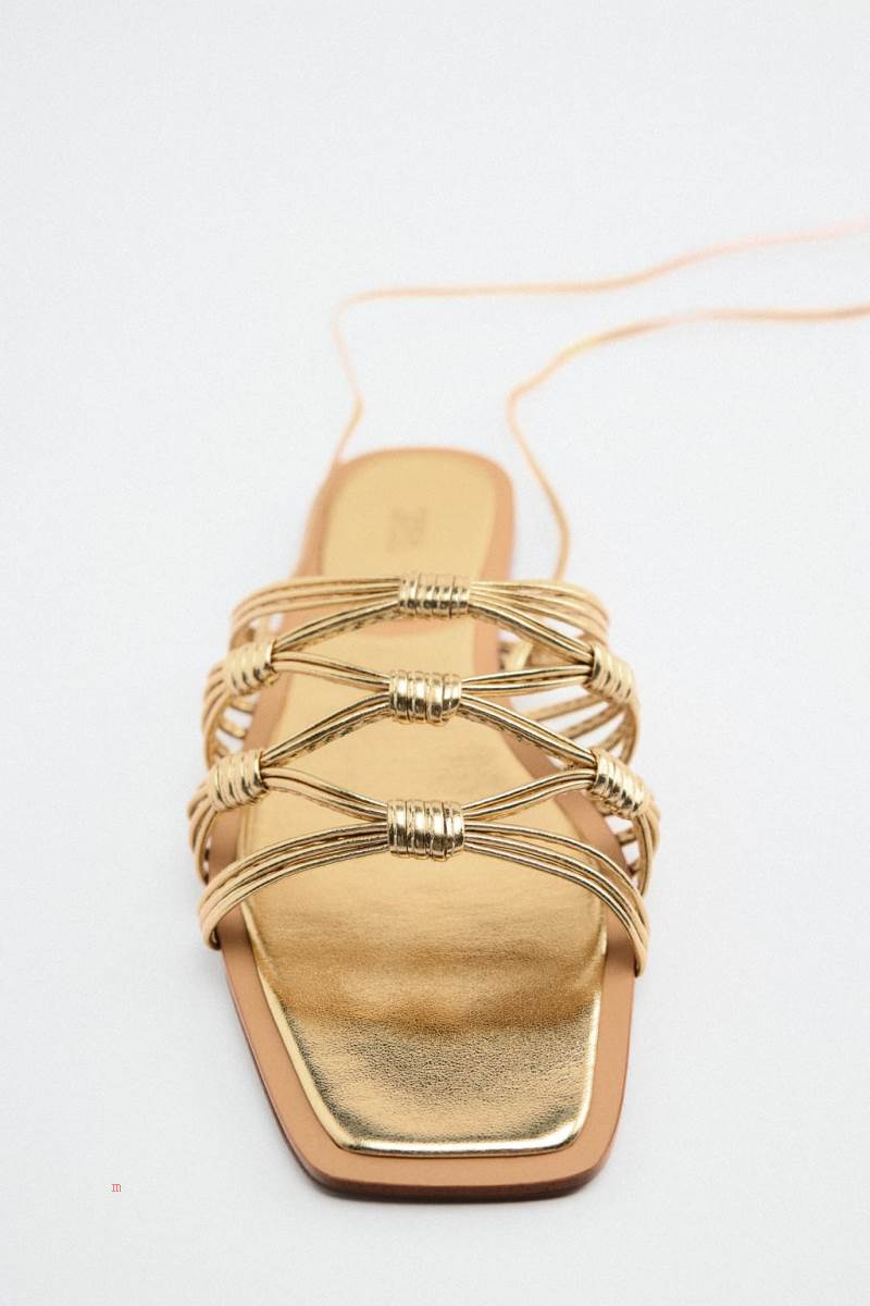 ZARA FLAT WITH TIE STRAPS Sandaler Dam Guld | XATID-9834