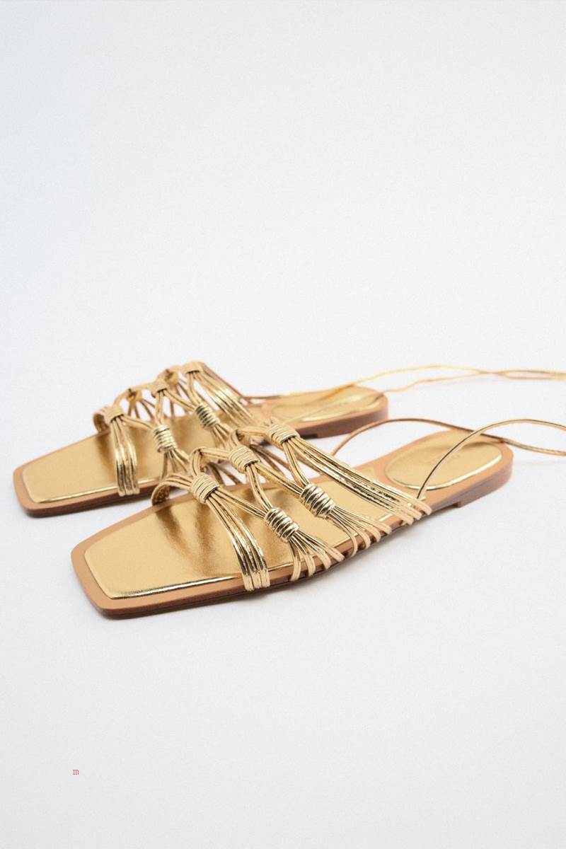 ZARA FLAT WITH TIE STRAPS Sandaler Dam Guld | XATID-9834