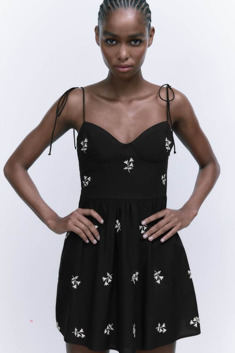ZARA FLORAL EMBROIDERED POPLIN Klänning Dam Svarta | KEUAZ-4281