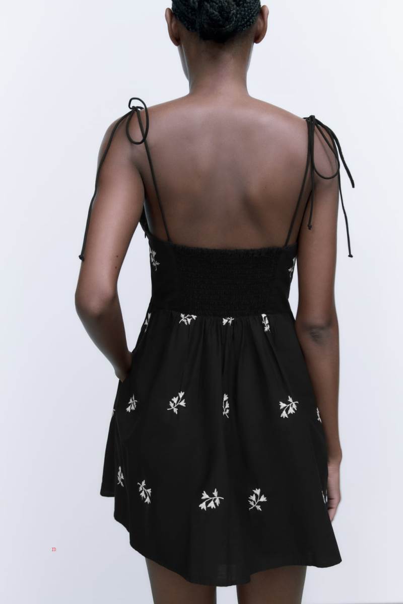 ZARA FLORAL EMBROIDERED POPLIN Klänning Dam Svarta | KEUAZ-4281