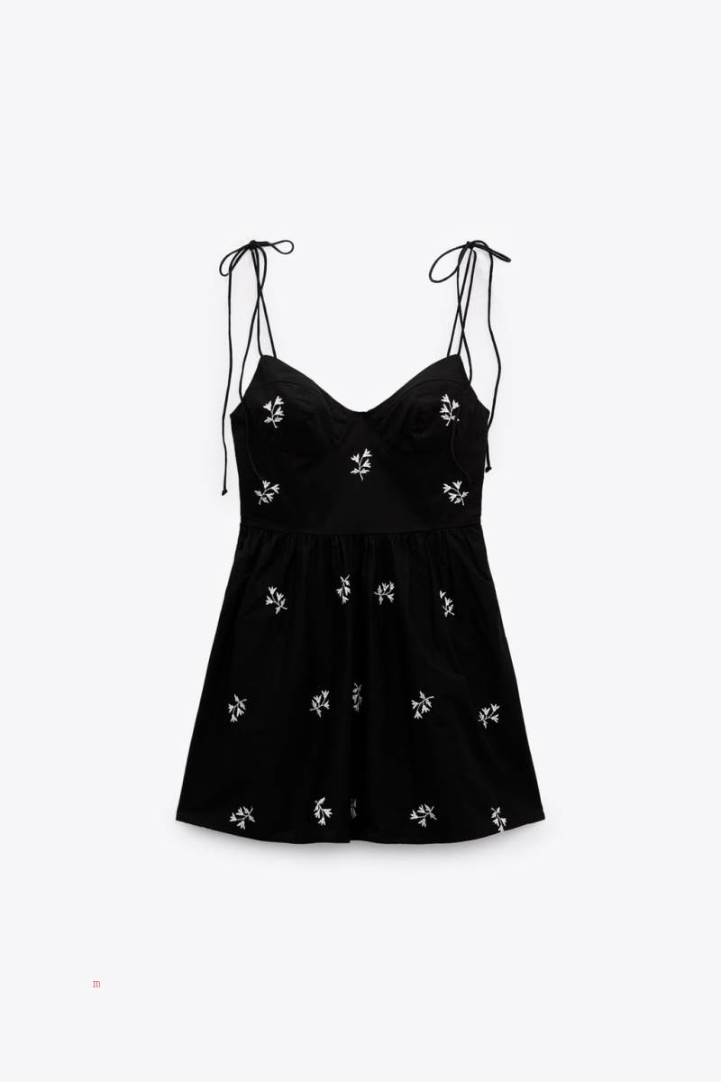 ZARA FLORAL EMBROIDERED POPLIN Klänning Dam Svarta | KEUAZ-4281