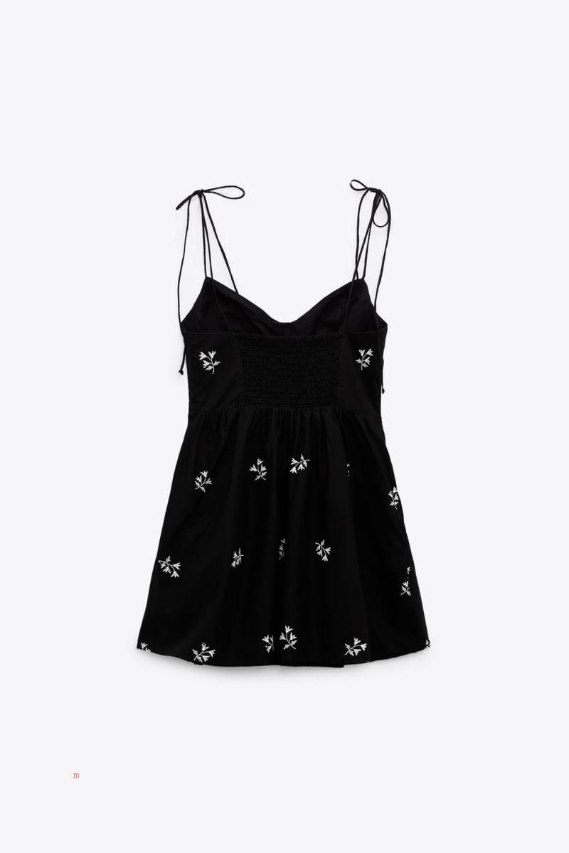 ZARA FLORAL EMBROIDERED POPLIN Klänning Dam Svarta | KEUAZ-4281