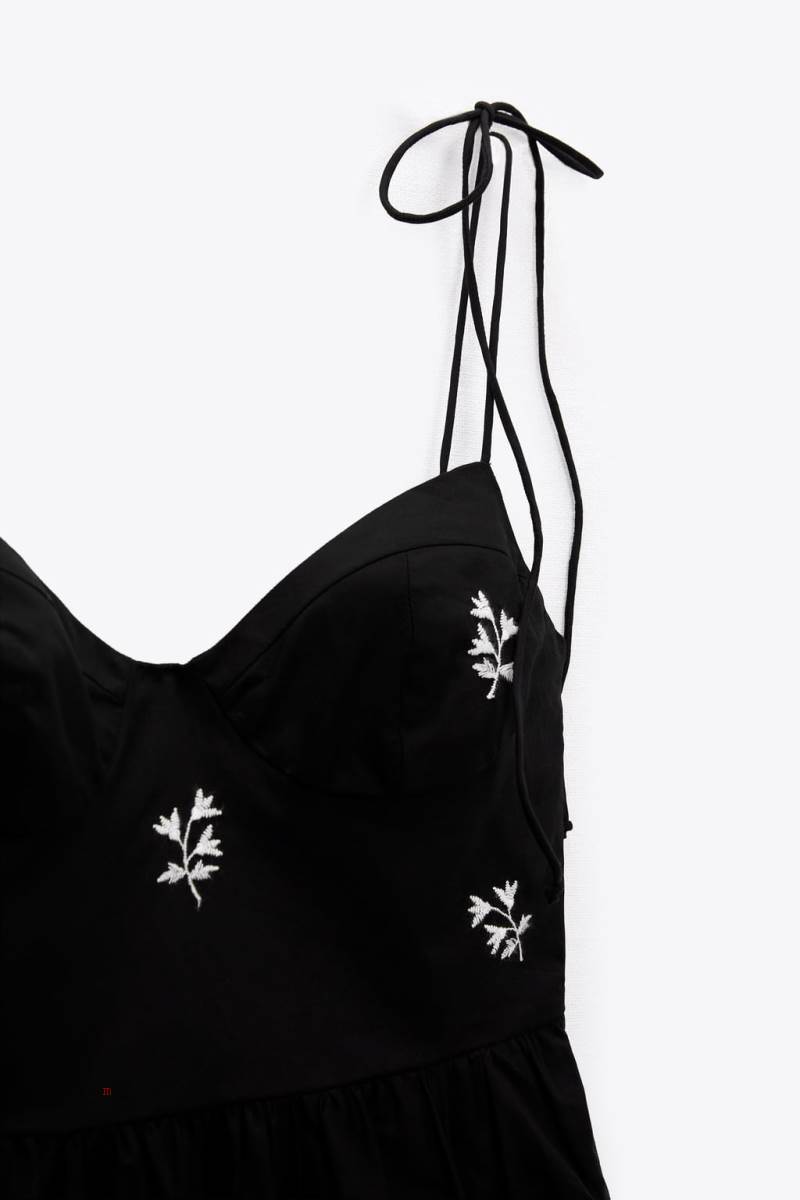 ZARA FLORAL EMBROIDERED POPLIN Klänning Dam Svarta | KEUAZ-4281