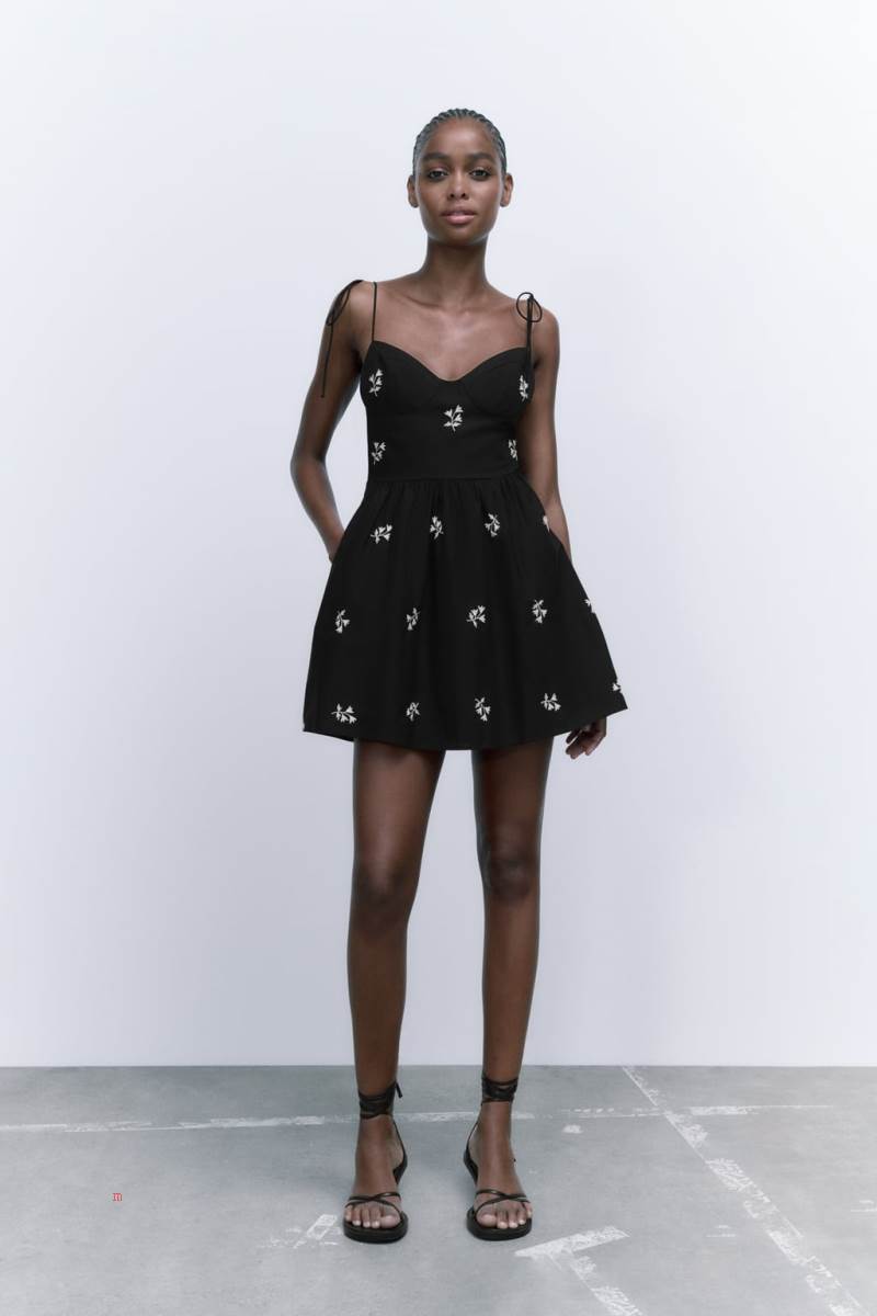 ZARA FLORAL EMBROIDERED POPLIN Klänning Dam Svarta | KEUAZ-4281