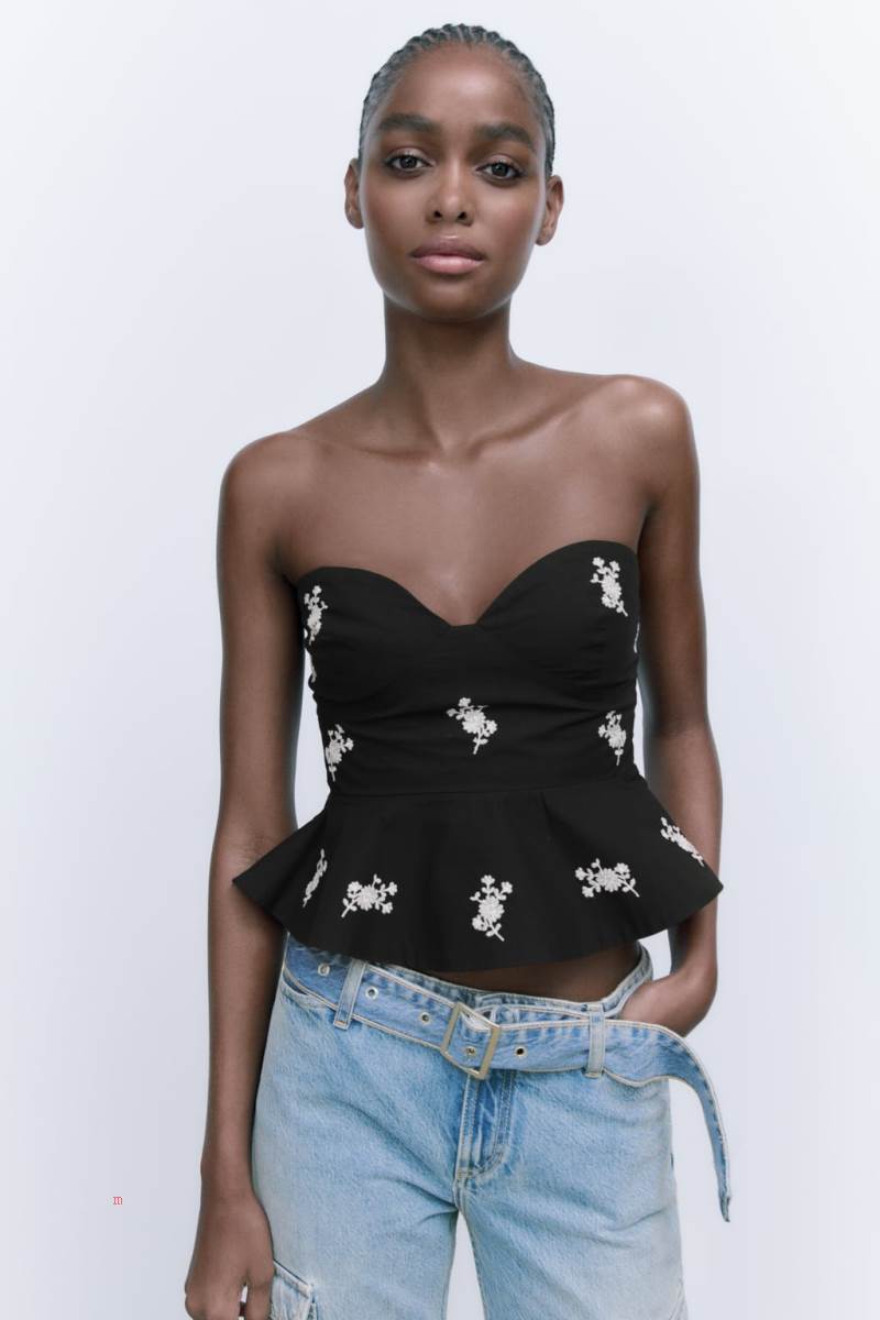 ZARA FLORAL EMBROIDERED POPLIN TOP Korsett Dam Svarta | NZTYS-3542