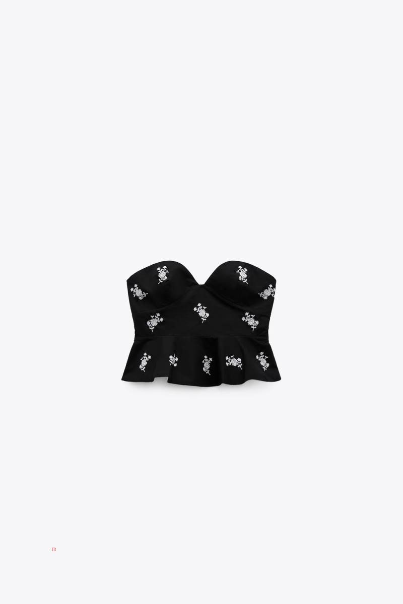 ZARA FLORAL EMBROIDERED POPLIN TOP Korsett Dam Svarta | NZTYS-3542