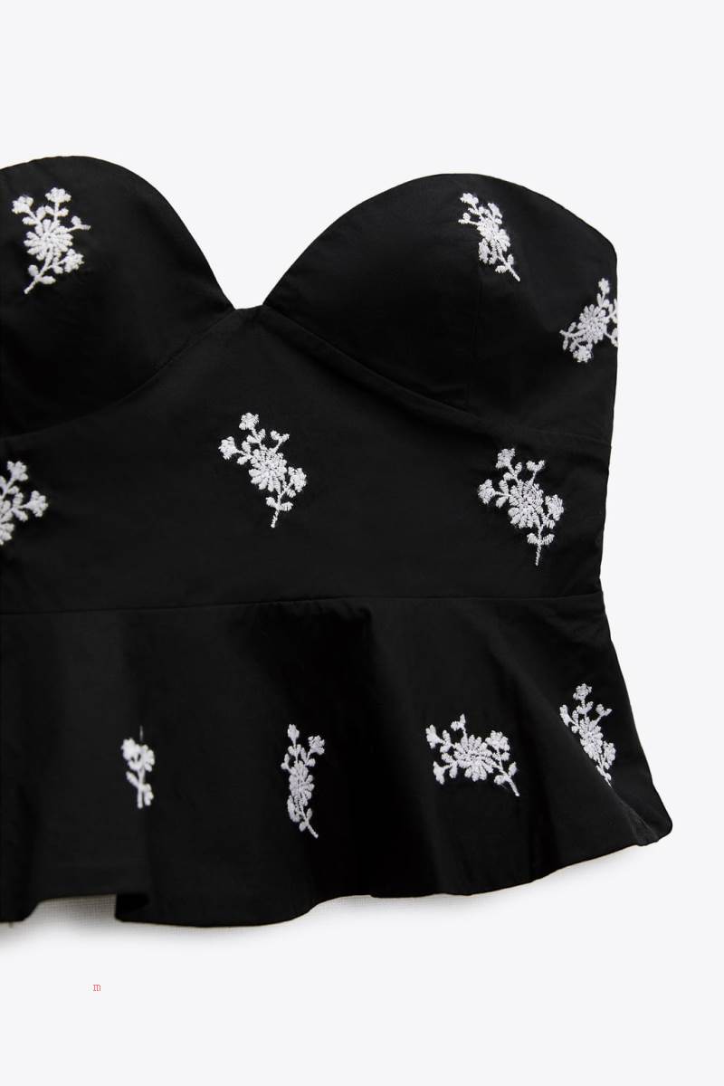ZARA FLORAL EMBROIDERED POPLIN TOP Korsett Dam Svarta | NZTYS-3542