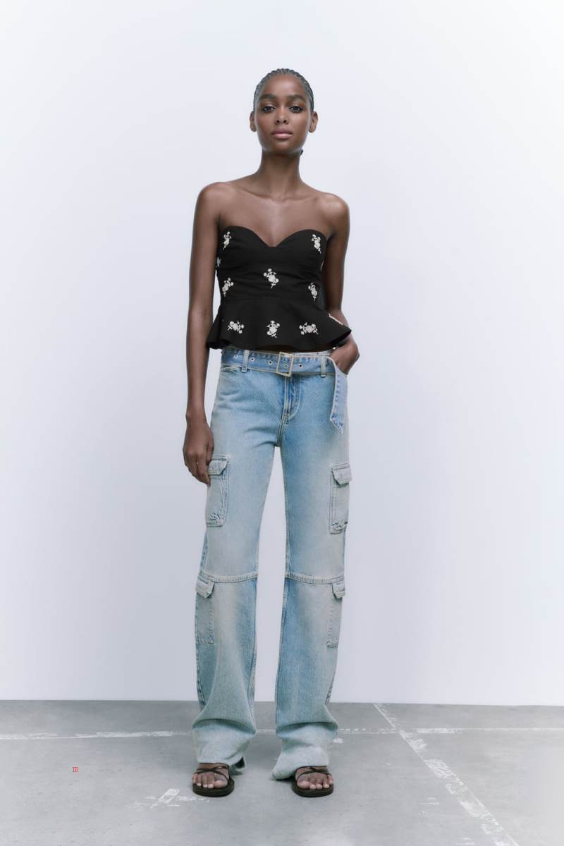 ZARA FLORAL EMBROIDERED POPLIN TOP Korsett Dam Svarta | NZTYS-3542