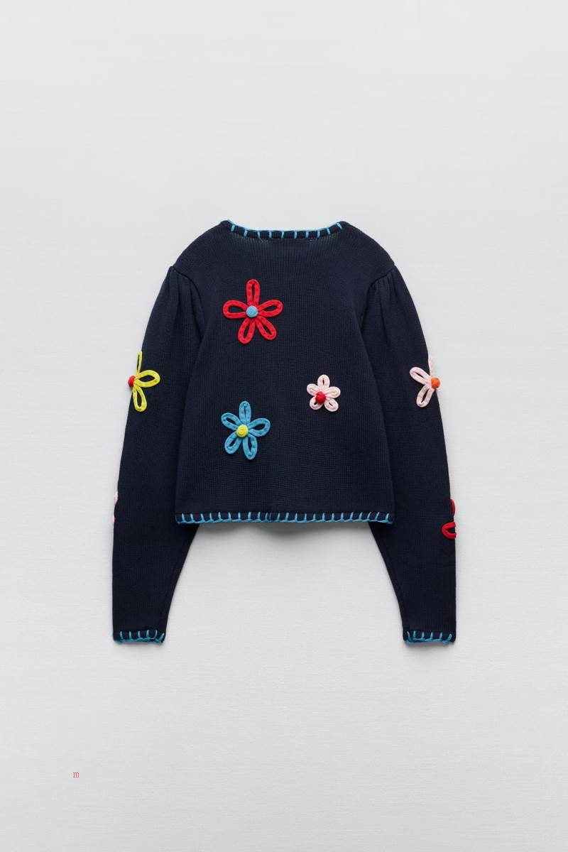 ZARA FLORAL EMBROIDERY Cardigan Dam Marinblå Blå | KHEBC-5741