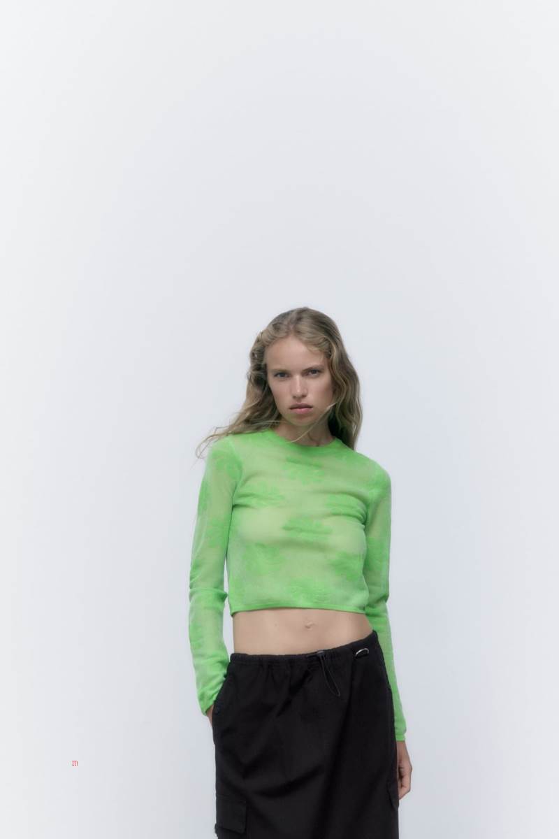 ZARA FLORAL KNIT Tröjor Dam Gröna | NPDVW-1863