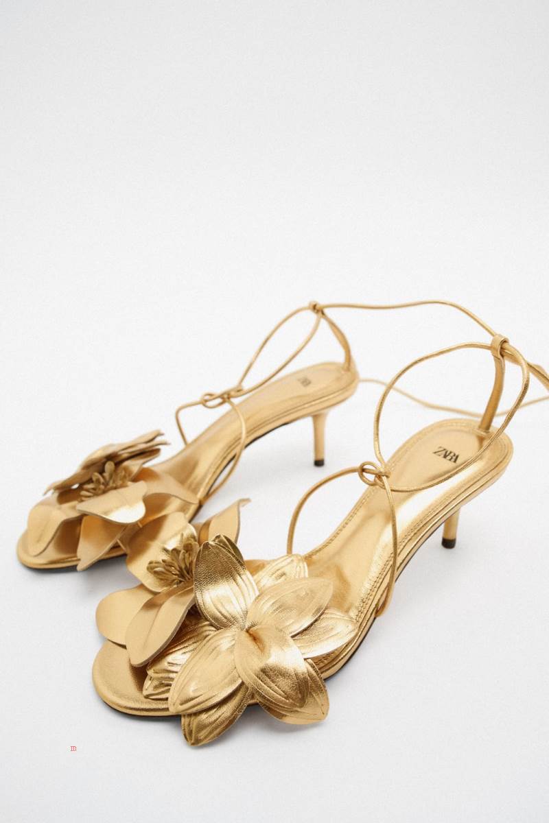 ZARA FLORAL LACE UP MID-HEEL LEATHER Sandaler Dam Guld | FNVEU-2718