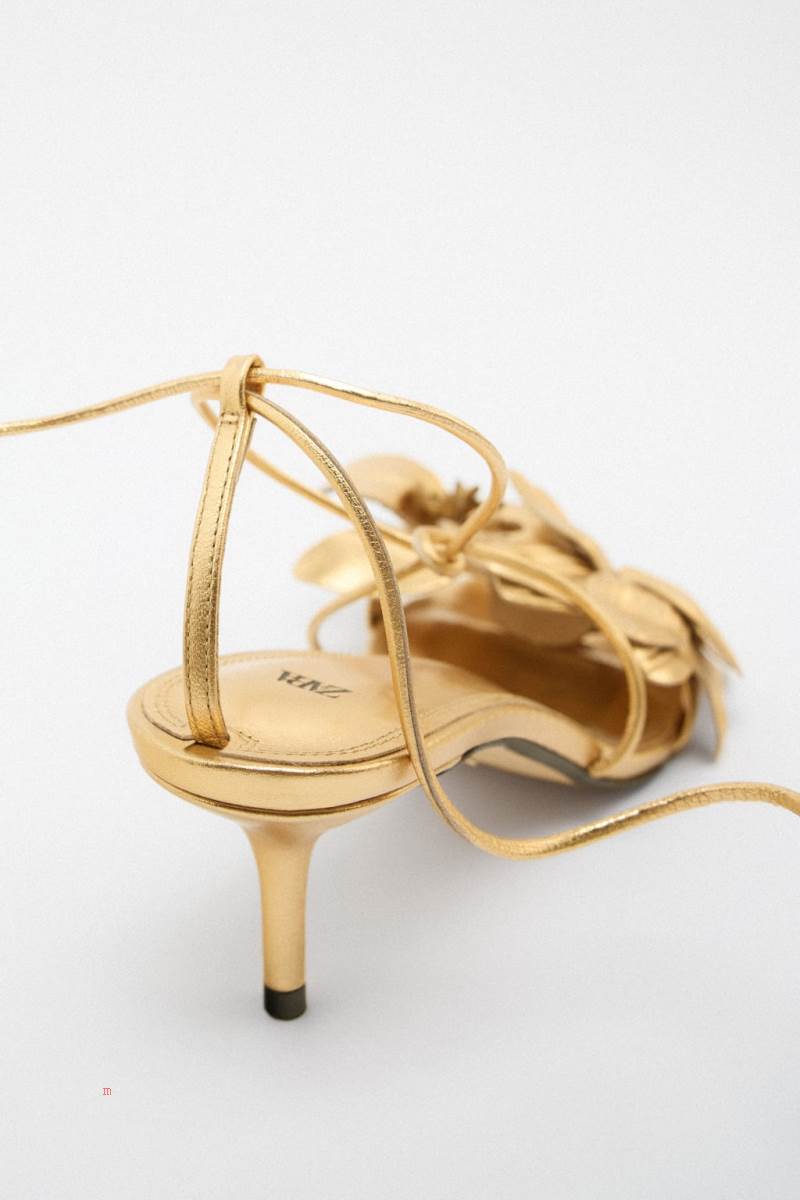 ZARA FLORAL LACE UP MID-HEEL LEATHER Sandaler Dam Guld | FNVEU-2718