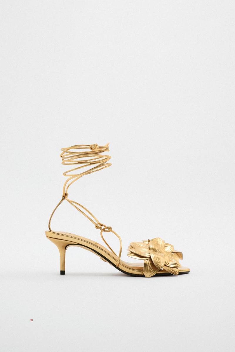 ZARA FLORAL LACE UP MID-HEEL LEATHER Sandaler Dam Guld | FNVEU-2718