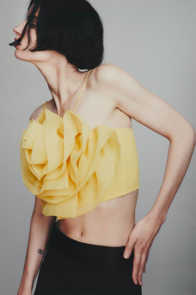 ZARA FLORAL ORGANZA TOP Crop Top Dam Ljusgula | QNGPK-0851