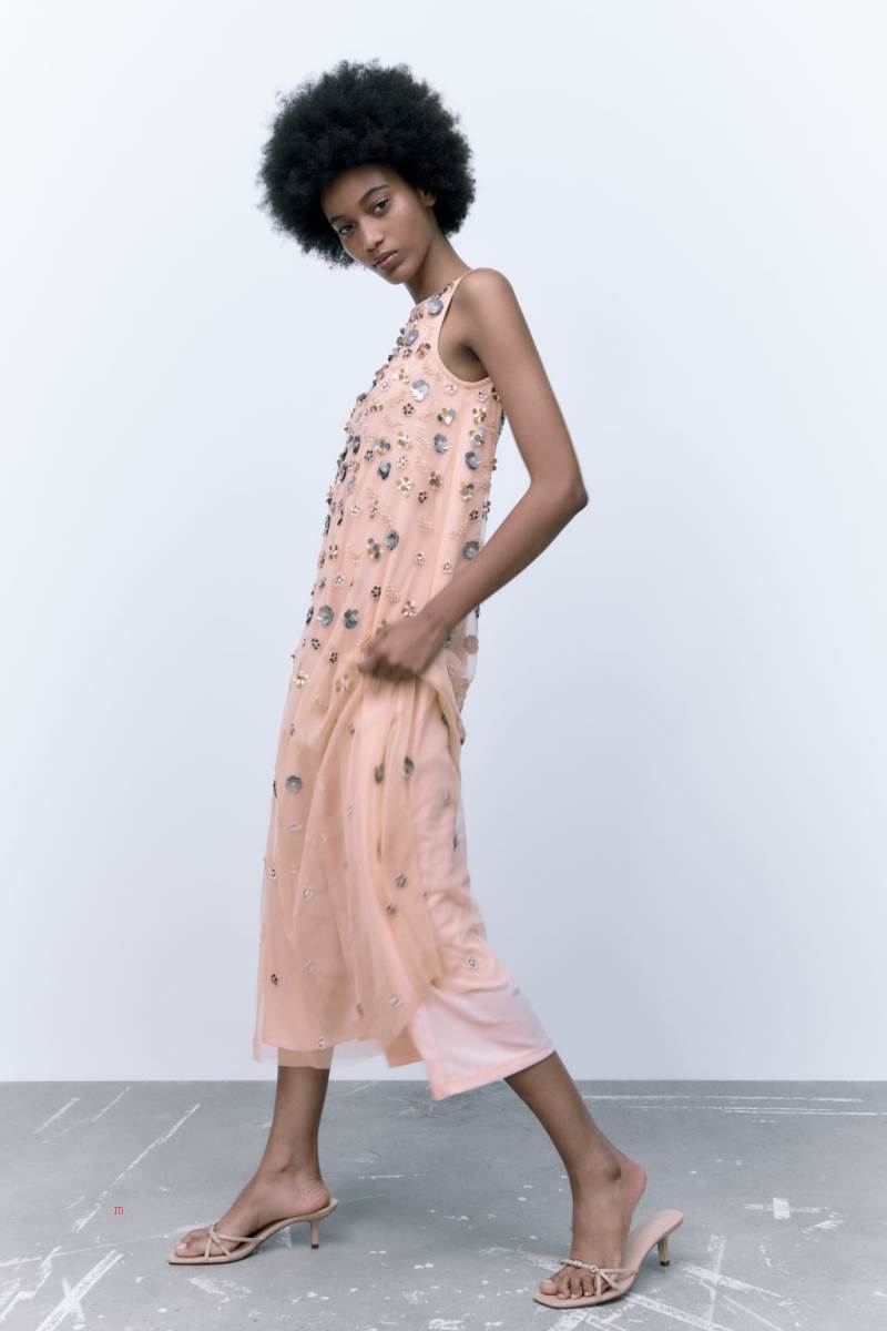 ZARA FLORAL PRINT KNIT WITH BEADING Klänning Dam Rosa | XNRVJ-4508