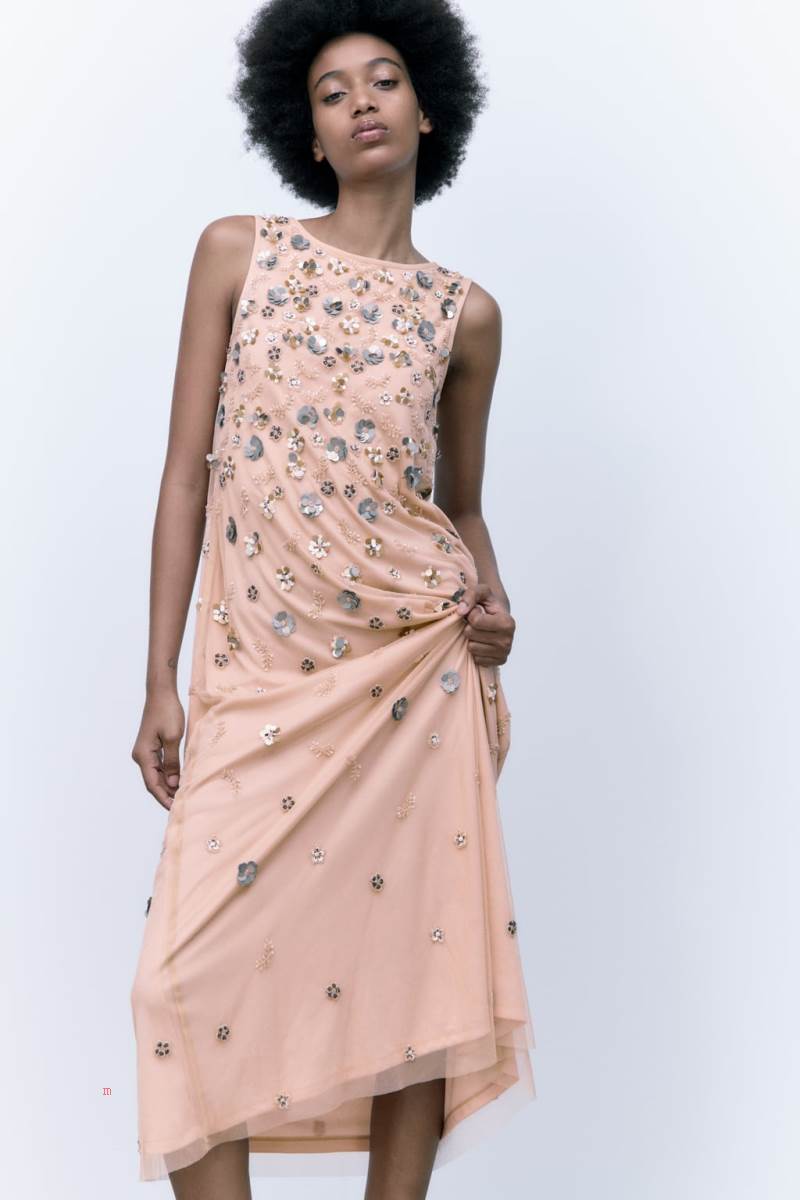 ZARA FLORAL PRINT KNIT WITH BEADING Klänning Dam Rosa | XNRVJ-4508