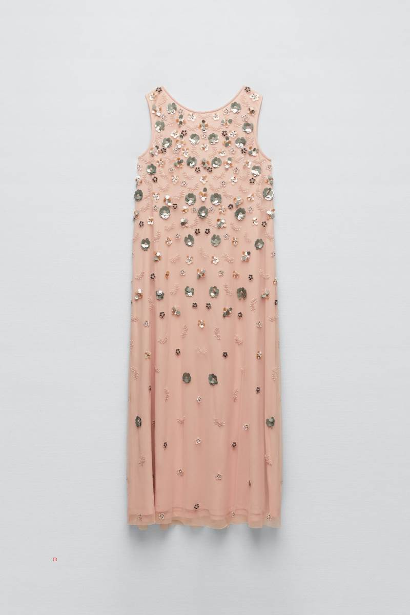 ZARA FLORAL PRINT KNIT WITH BEADING Klänning Dam Rosa | XNRVJ-4508