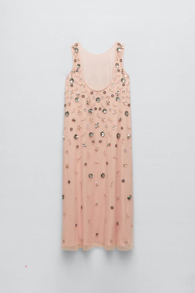ZARA FLORAL PRINT KNIT WITH BEADING Klänning Dam Rosa | XNRVJ-4508