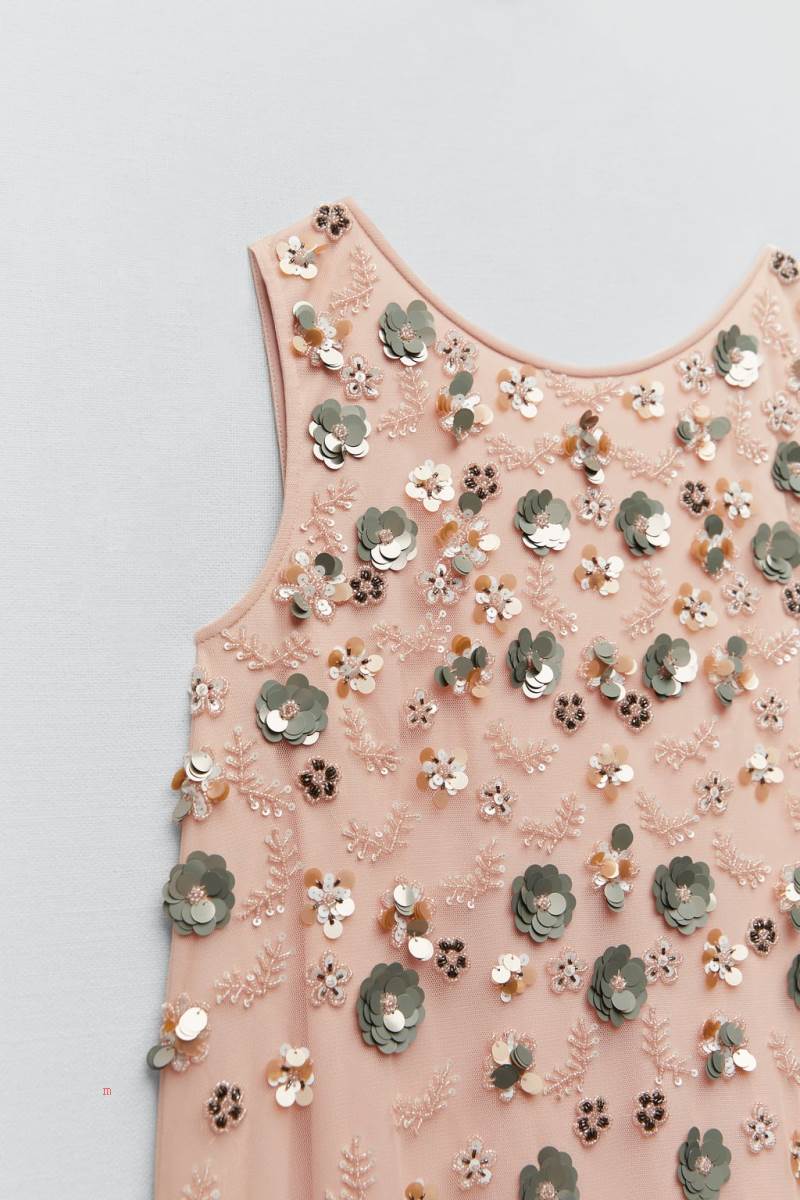 ZARA FLORAL PRINT KNIT WITH BEADING Klänning Dam Rosa | XNRVJ-4508
