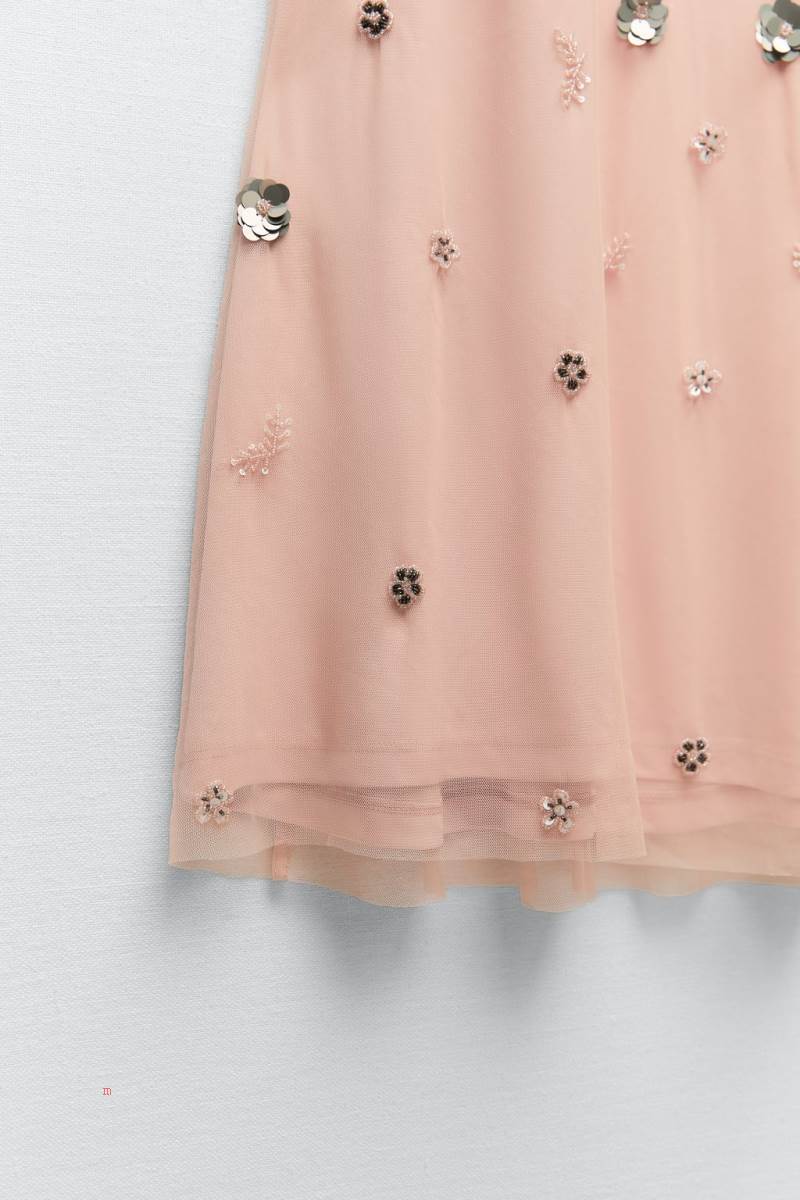 ZARA FLORAL PRINT KNIT WITH BEADING Klänning Dam Rosa | XNRVJ-4508