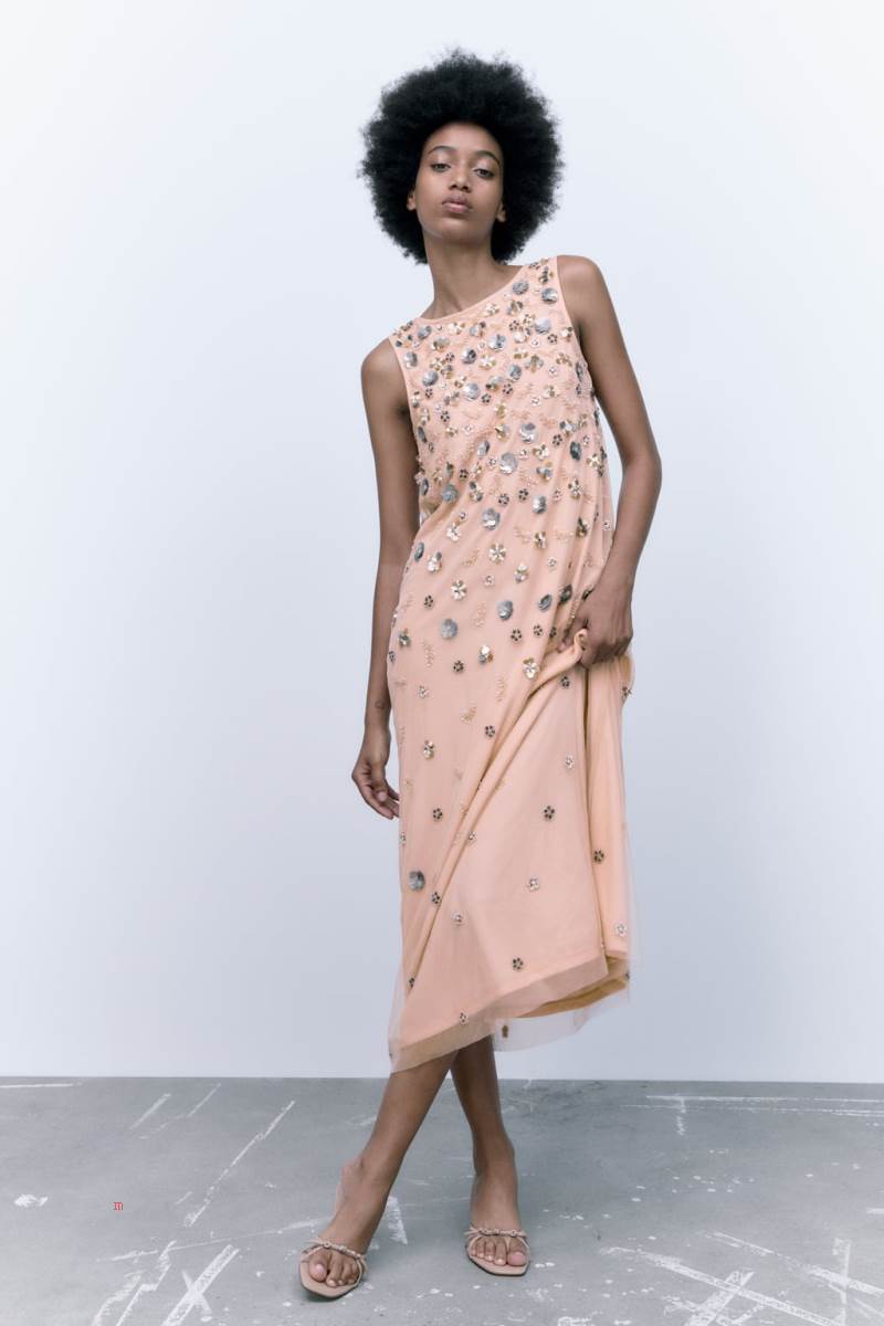 ZARA FLORAL PRINT KNIT WITH BEADING Klänning Dam Rosa | XNRVJ-4508