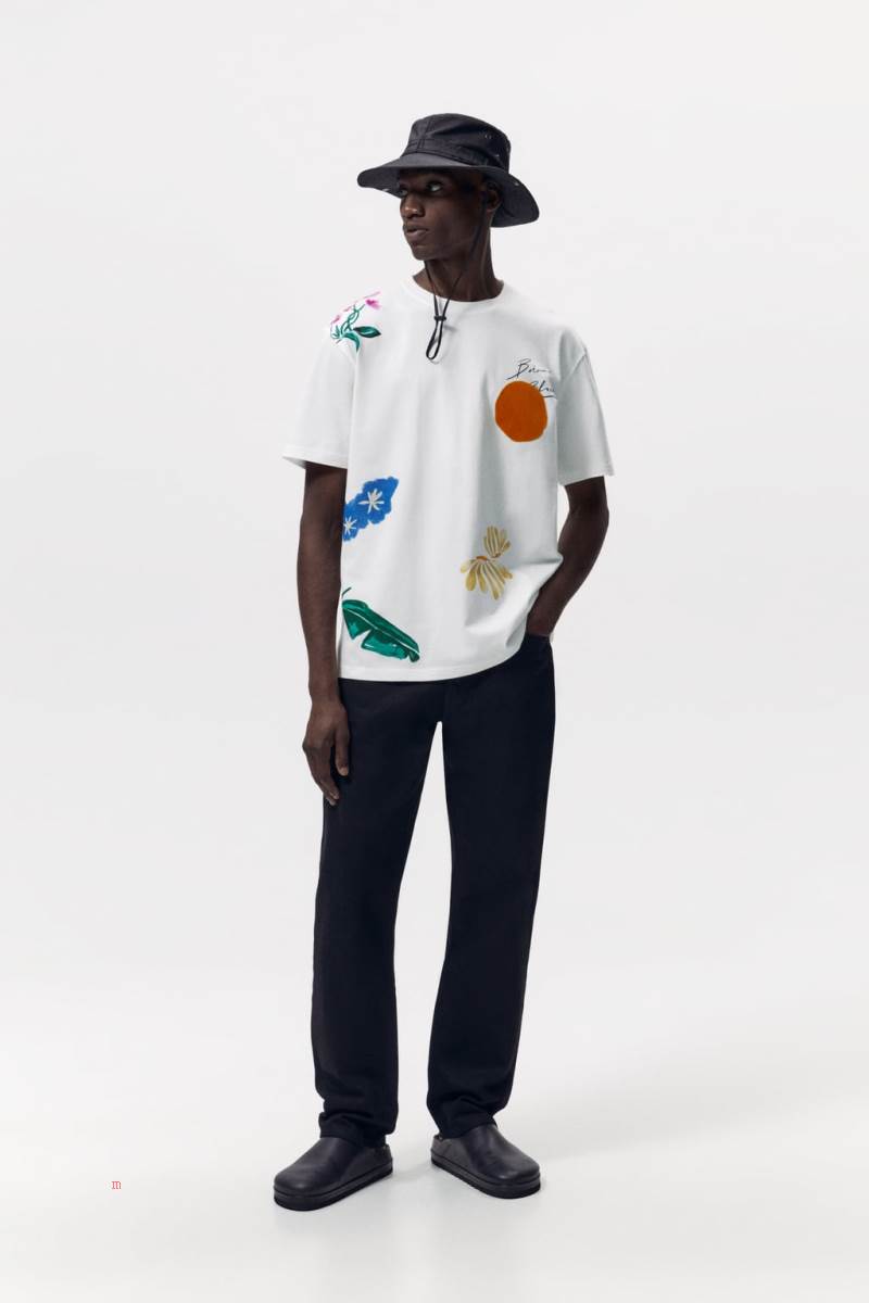 ZARA FLOWER PRINT T-shirt Herr Vita | RITCP-1604
