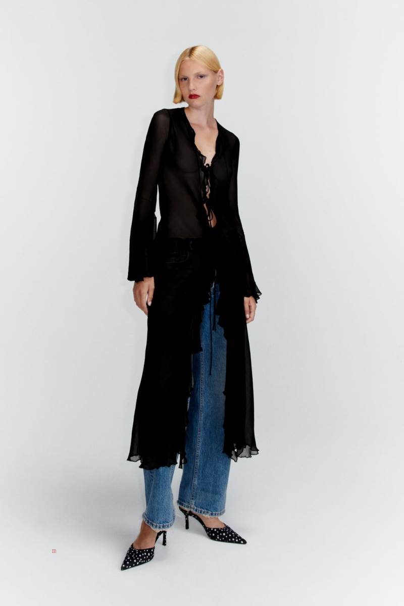 ZARA FLOWING KIMONO WITH RUFFLES Jacka Dam Svarta | ENQPH-1896