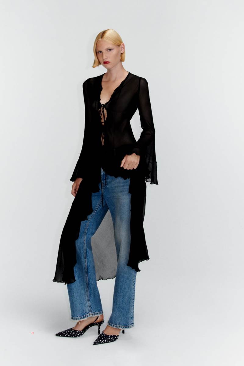 ZARA FLOWING KIMONO WITH RUFFLES Jacka Dam Svarta | ENQPH-1896