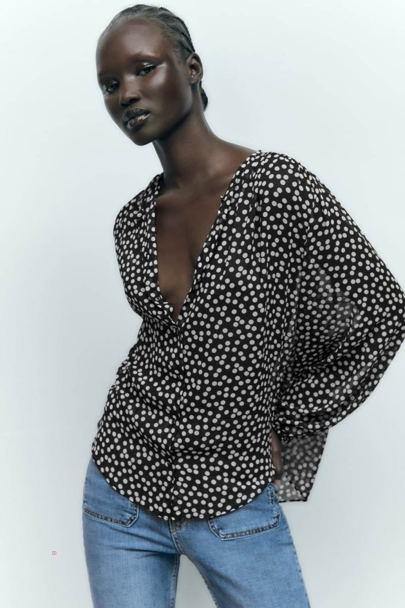 ZARA FLOWING POLKA DOT Blusar Dam Svarta Vita | ZFQVW-5781