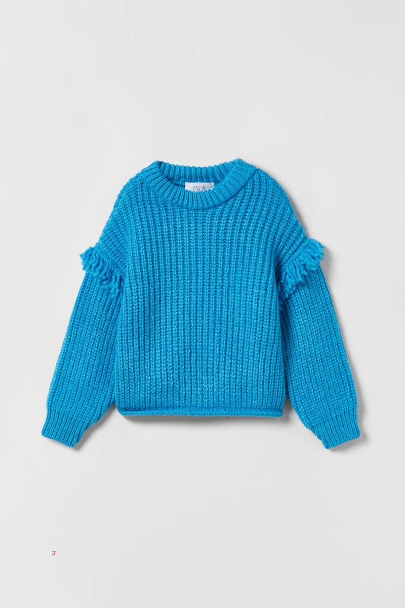 ZARA FRINGED KNIT Tröjor Tjej Turkos | HXFZI-2513