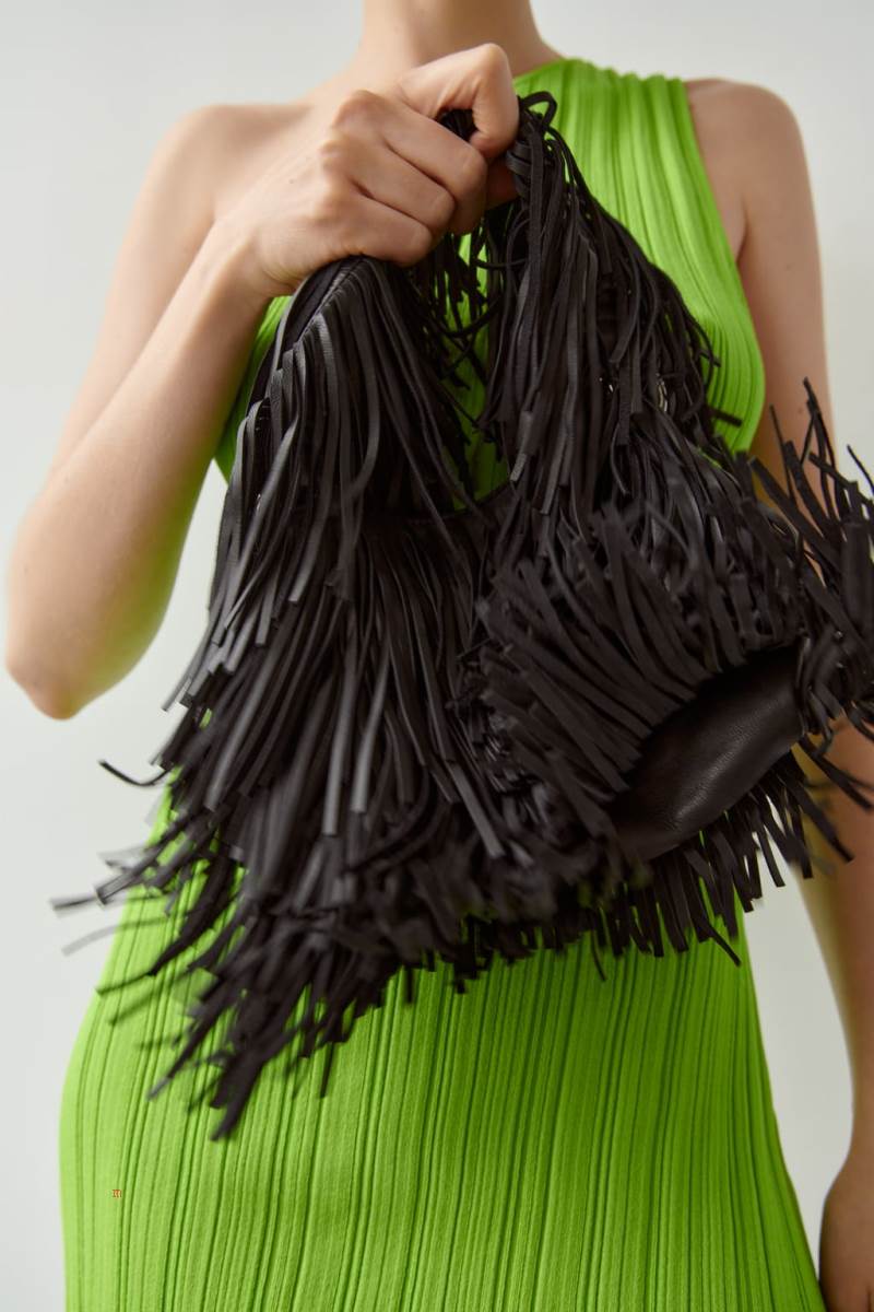 ZARA FRINGED LEATHER BUCKET BAG Läderväska Dam Svarta | QUBWP-1427